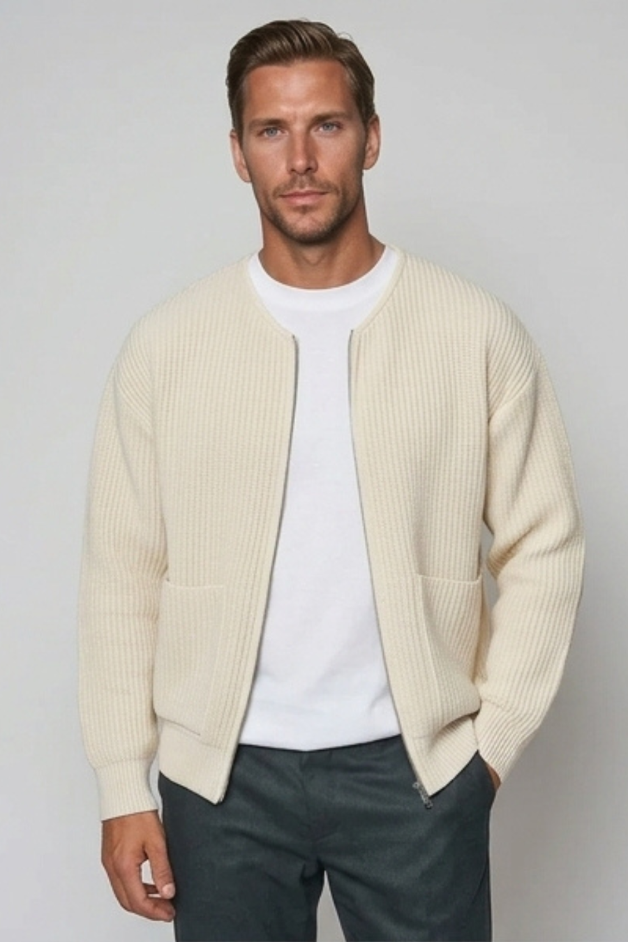 Men Zip Up Knitted Cardigan Lined